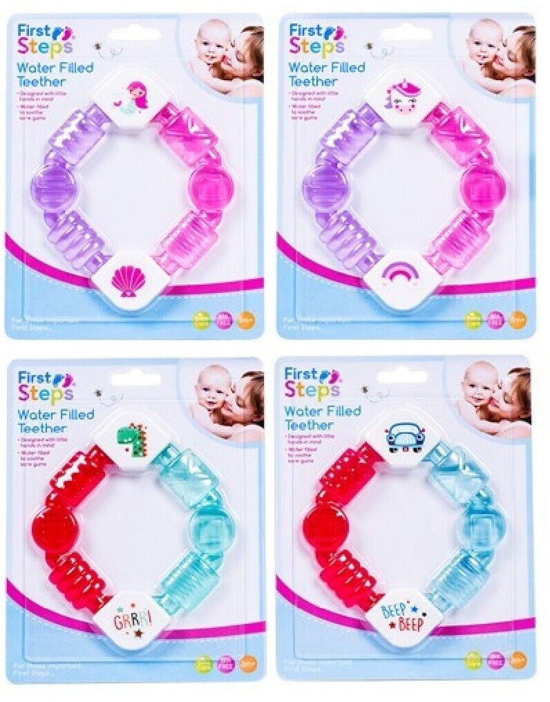 FIRST STEPS BABY BOY GIRL WATER FILLED TEETHING SOOTHE RING 4 ASSORTED DESIGNS