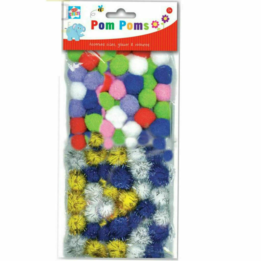 60pc mix glitter pom poms includes assorted sizes glitter & coloured